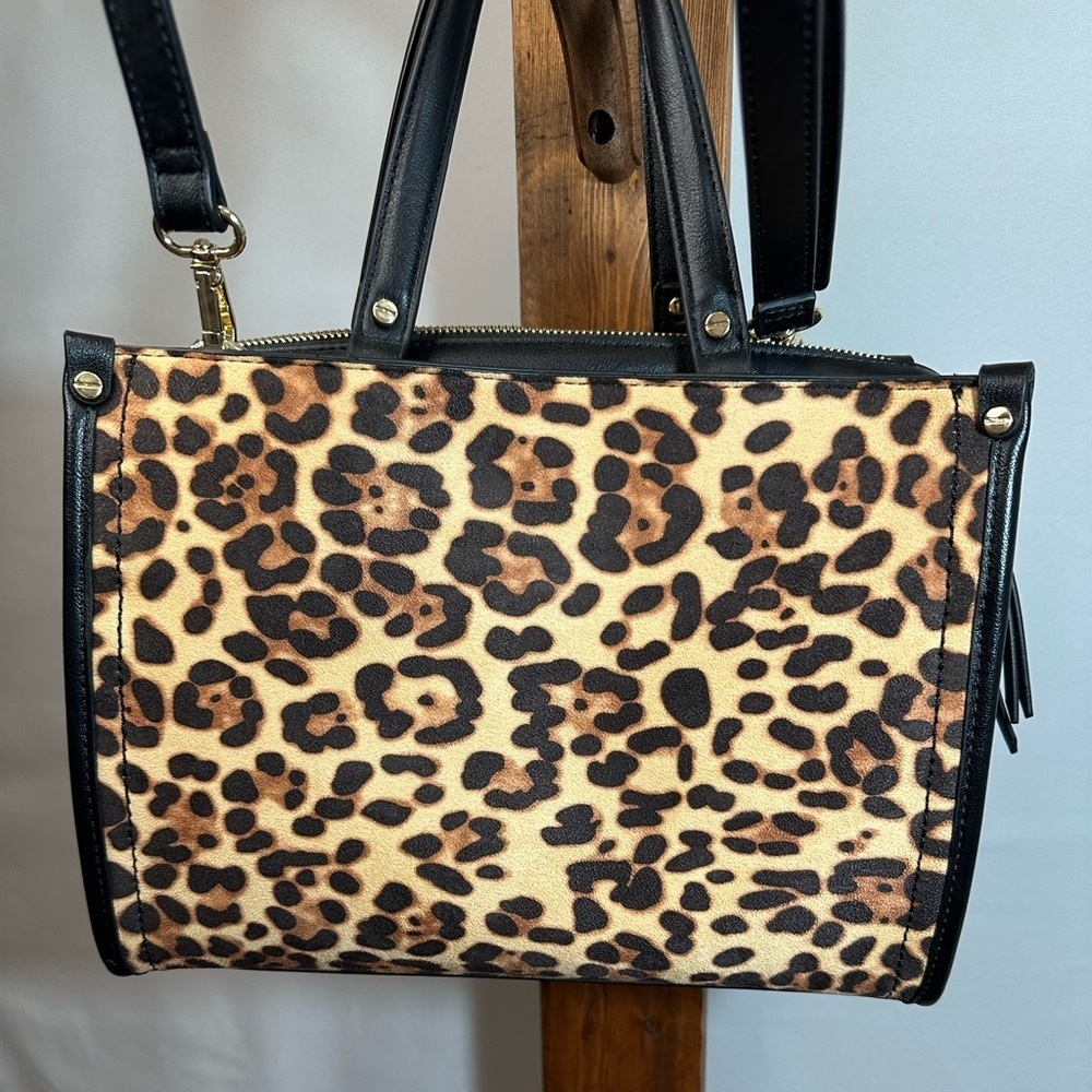 INC International Concepts Black and Tan Crossbody Bag with Leopard Print